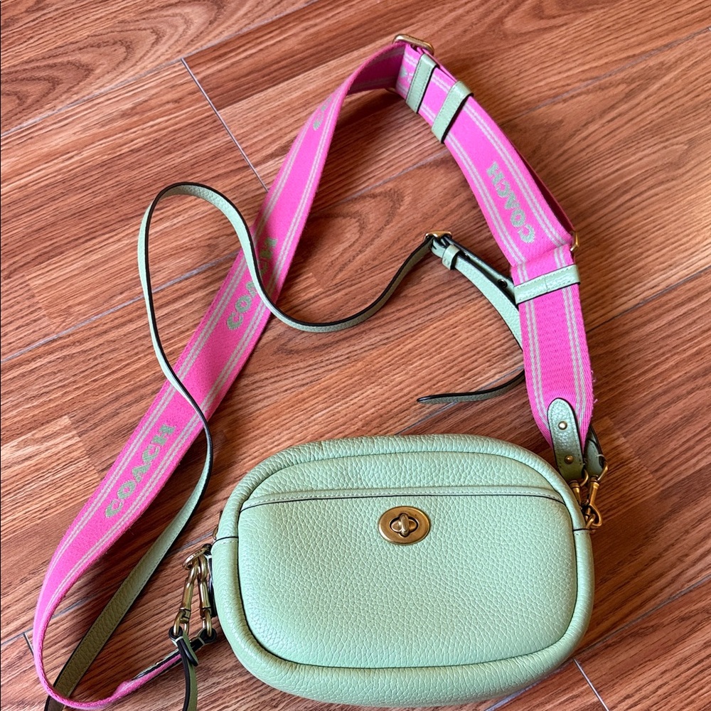 Coach Mint Green Camera Crossbody Bag with Bold Pink Strap Y2K